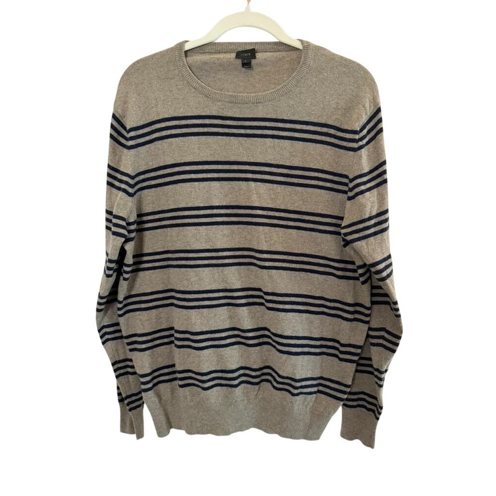 J.Crew Mens Cotton Cashmere Striped Crewneck Sweater Grey Navy Blue Large
